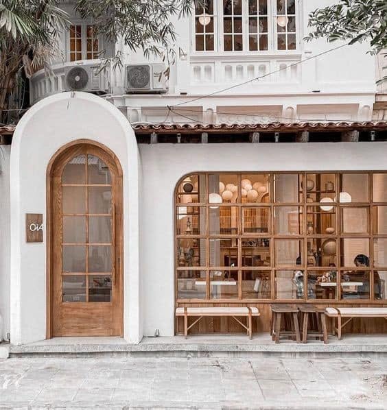 Cửa gỗ, mặt tiền quán cafe, nhà hàng